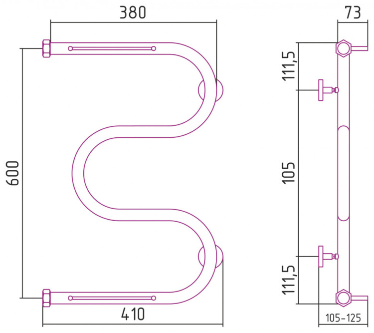 Полотенцесушитель водяной Сунержа М-образный 2 полки+ 600х400 Без покрытия