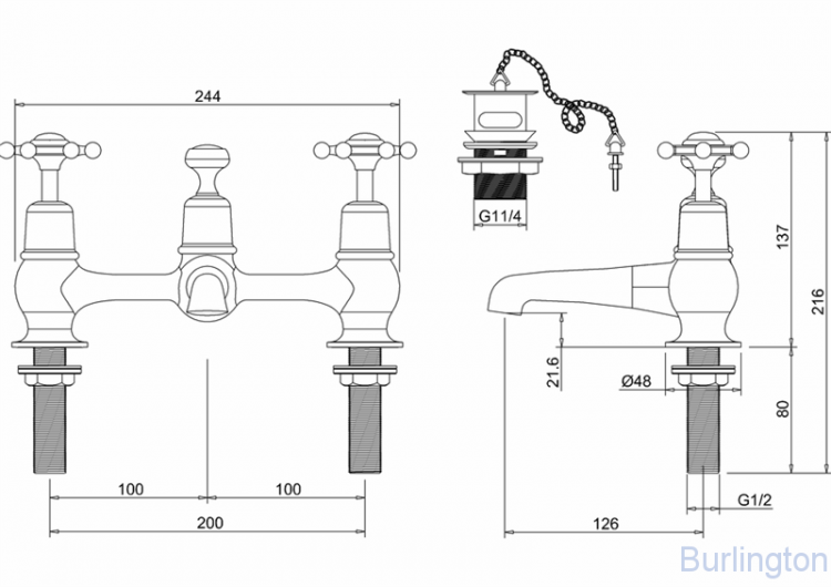 Смеситель для раковины на 2 отверстия с пробкой и цепочкой [BI10 BLA]