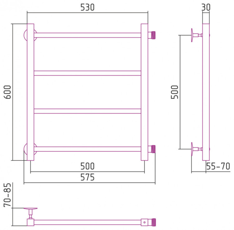 Полотенцесушитель водяной Стилье Версия-КБ 500х500 (4) П 20х20 Чёрный