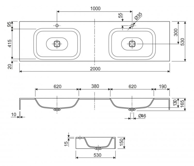 Консольная раковина из литьевого мрамора, двойная Cezares TITAN-1600-2-LVB-SOSPESO