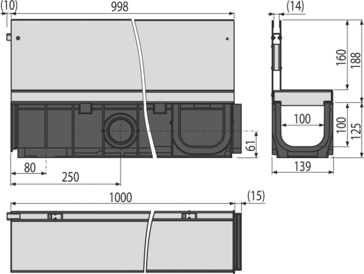 Щелевой дренажный канал с асимметричной надставкой 160 мм, оцинкованная сталь Alcadrain AVZ101-R122