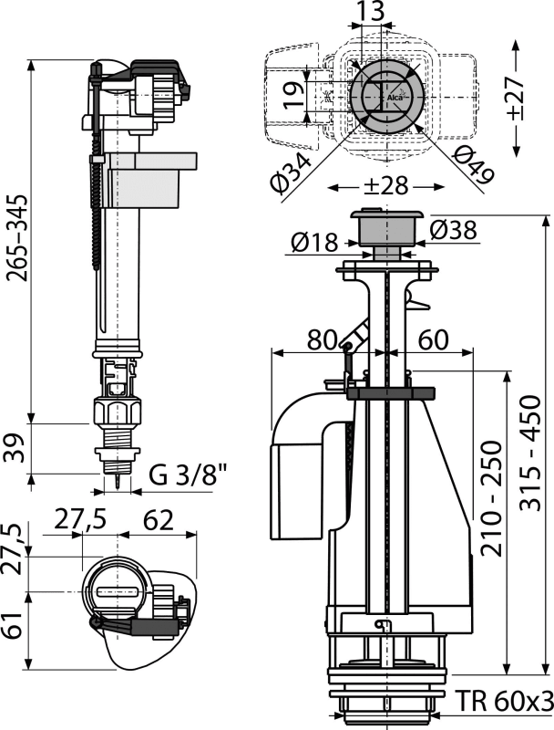 Выпускной комплект с двойной кнопкой Alcadrain SA08ASK 3/8