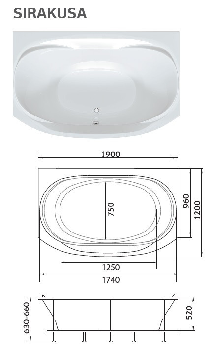 Ванна акриловая прямоугольная 1Marka SIRAKUSA New 190*120