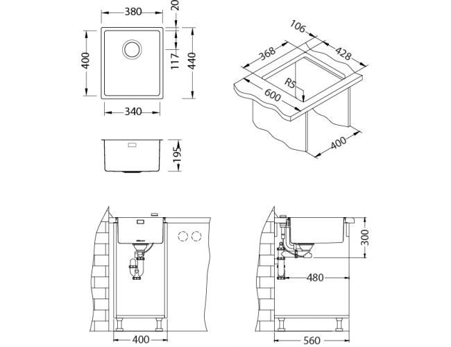 Мойка KOMBINO 20 KMB 90 FI 380X440 F/S  в комплекте с сифоном 1130550,
