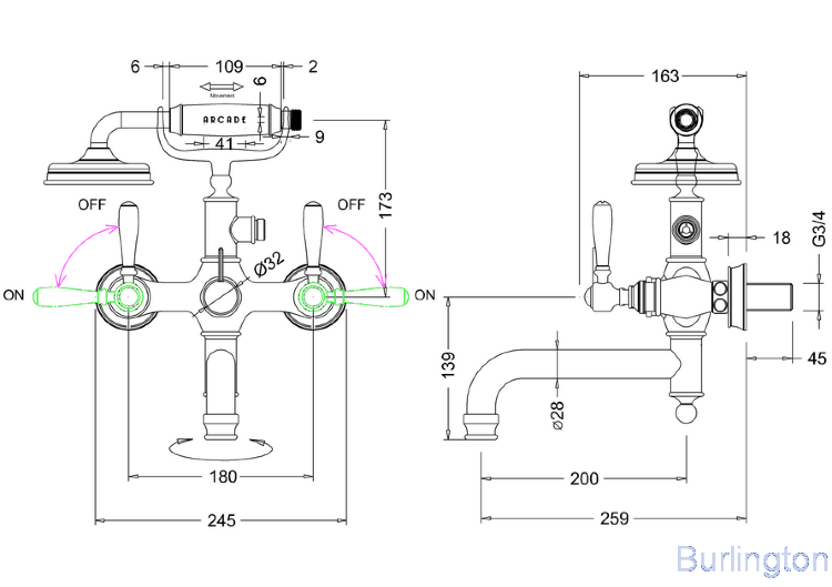 Смеситель для ванны настенный, ручки - леверы чёрные, никель [ARC19 + ARC66 NKL]