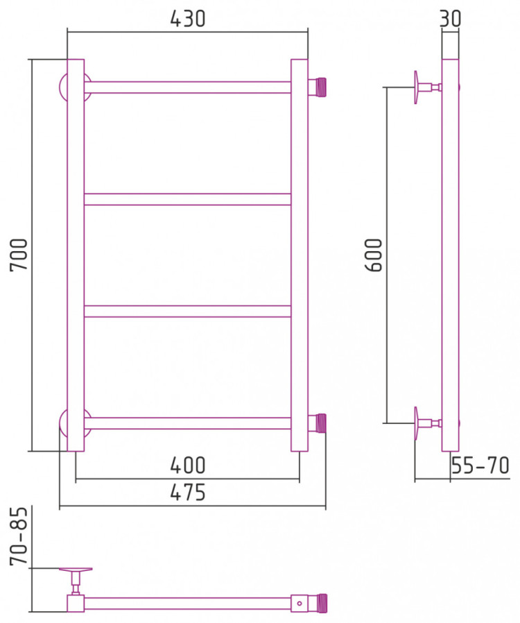 Полотенцесушитель водяной Стилье Версия-КБ 600х400 (4) П 20х20 Без покрытия