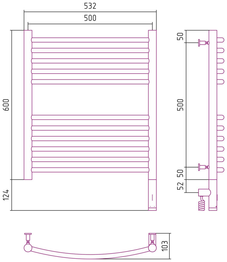 Полотенцесушитель электрический Сунержа Богема 3.0 выгнутая 600х500 МЭМ правый Шампань