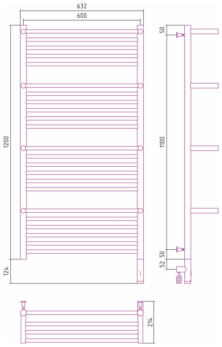Полотенцесушитель электрический Сунержа Богема с 4 полками 3.0 1200х600 / МЭМ правый Тёмный титан муар