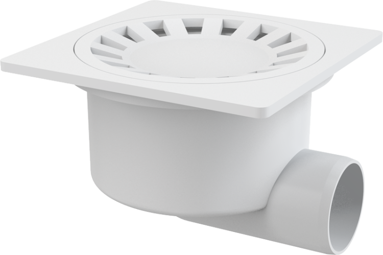 Сливной трап 150×150/50 мм боковой сток, решетка белая, гидрозатвор мокрый Alcadrain APV15