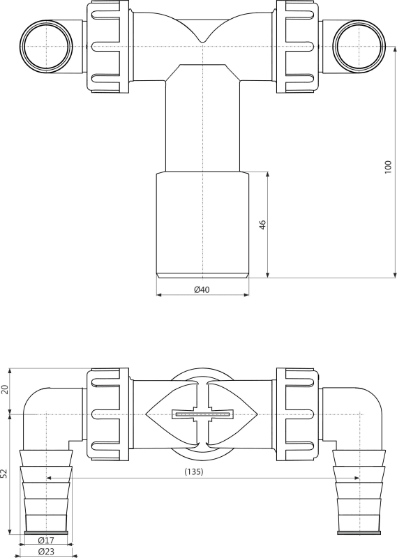 Колено с двумя штуцерами DN40/32 / 17–23 с обратными клапанами Alcadrain P155Z