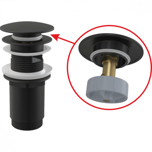 Донный клапан сифона для умывальника CLICK/CLACK 5/4&quot;, цельнометаллический с переливом и большой черной заглушкой Alcadrain A392BLACK