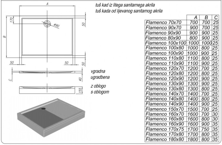 Акриловый поддон для душа Kolpa San Flamenco 100x80x16