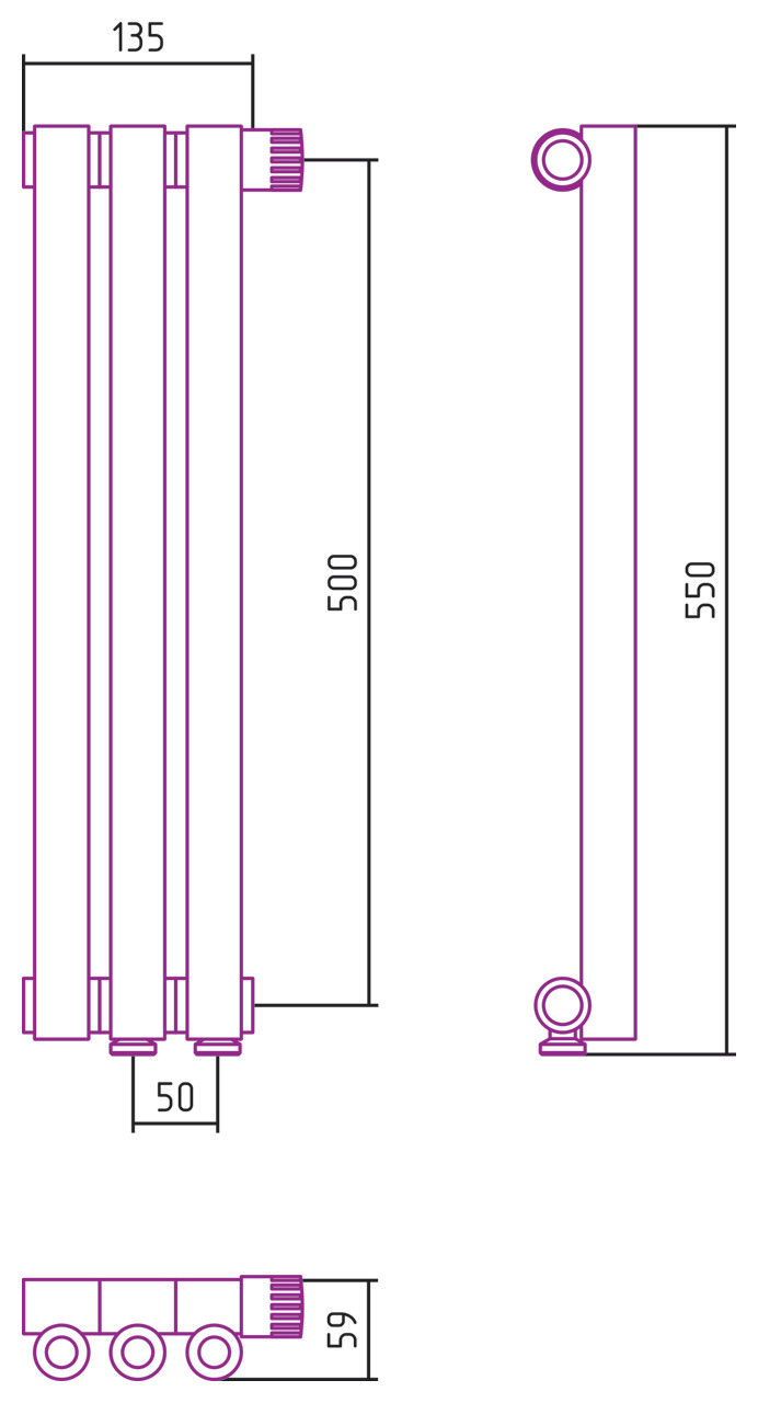 Отопительный радиатор Сунержа Эстет-0 EU50 правый 500х135 3 секции Шампань