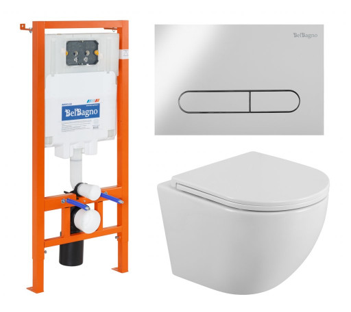 Унитаз подвесной с сиденьем BelBagno UNO + Система инсталляции для унитазов с кнопкой смыва BB014-SR-BIANCO Cezares BB3105CHR/SC/BB002-80/BB014-SR-BIANCO