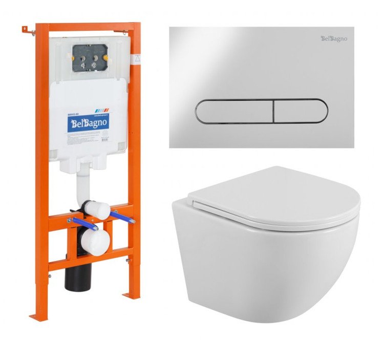 Унитаз подвесной с сиденьем BelBagno UNO + Система инсталляции для унитазов с кнопкой смыва BB014-SR-BIANCO Cezares BB3105CHR/SC/BB002-80/BB014-SR-BIANCO