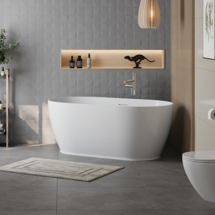 Отдельностоящая, овальная акриловая ванна в комплекте со сливом-переливом цвета хром Cezares BB413-1500-800