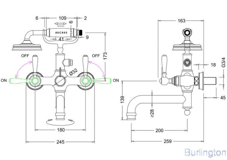 Смеситель для ванны настенный, ручки - леверы чёрные, хром [ARC19 CHR + ARC66 CHR]