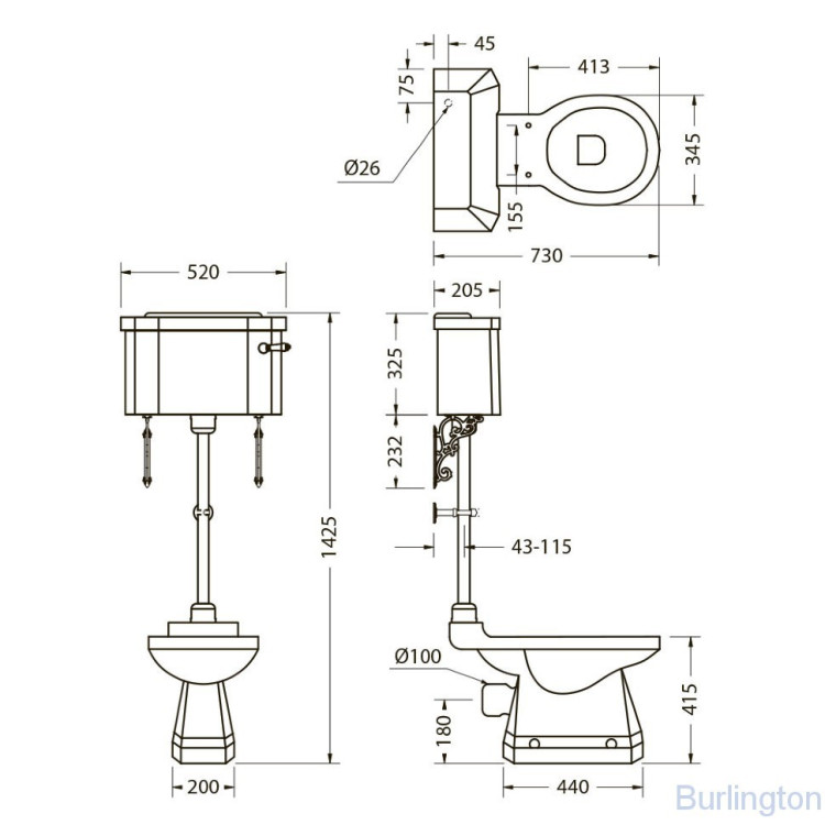 Унитаз безободковый со средним бачком, черная ручка, бачок 52 см