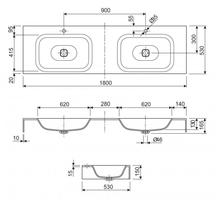 Консольная раковина из литьевого мрамора, двойная Cezares TITAN-2000-2-LVB-SOSPESO