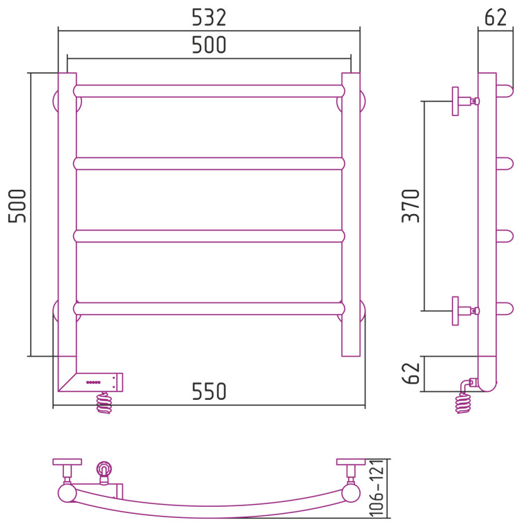 Полотенцесушитель электрический Сунержа Галант 2.0 500х500 МЭМ левый Без покрытия