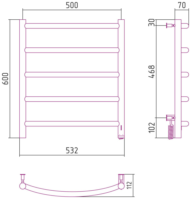 Полотенцесушитель электрический Сунержа Галант 4.0 600х500 МЭМ правый Без покрытия