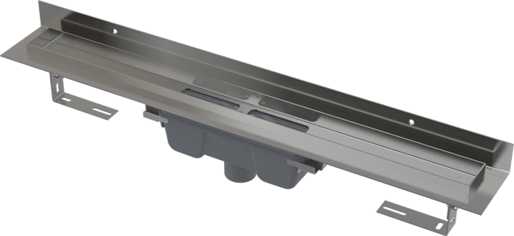 Водоотводящий желоб с порогами для цельной решетки и фиксированным воротником к стене, вертикальный сток Alcadrain APZ1016 Wall