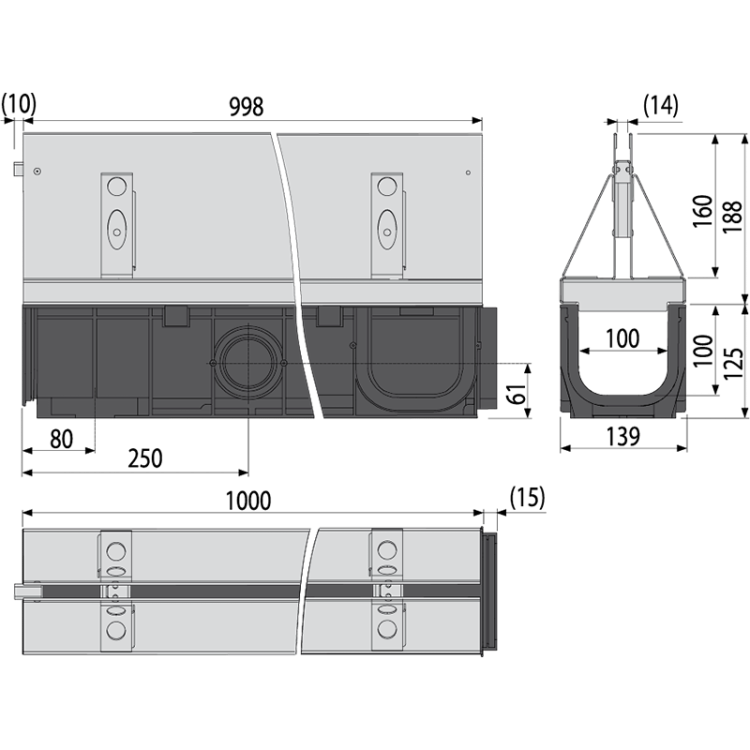 Щелевой дренажный канал с симметричной надставкой 160 мм, оцинкованная сталь Alcadrain AVZ101-R124