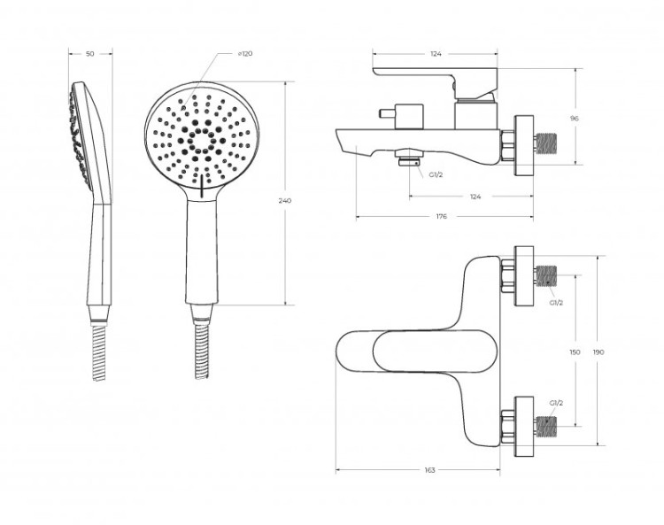 Смеситель для ванны и душа в комплекте с ручным душем, шлангом и держателем Cezares STYLUS-VD-BORO