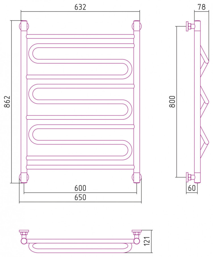 Полотенцесушитель водяной Сунержа Элегия+ 800х600 Матовый чёрный