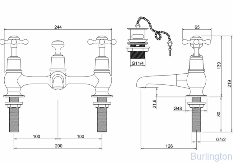 Смеситель для раковины на 2 отверстия с пробкой и цепочкой [CL10]