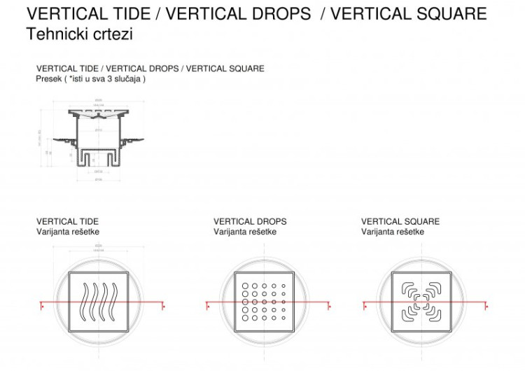 Точечный трап 150х150 мм Confluo Standard Vertical Drops,металл с перфорацией Drops (Капли), без рамки Cezares 13000020