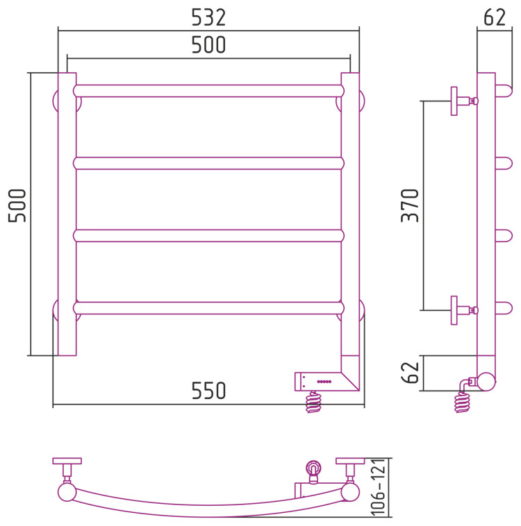 Полотенцесушитель электрический Сунержа Галант 2.0 500х500 МЭМ правый Без покрытия
