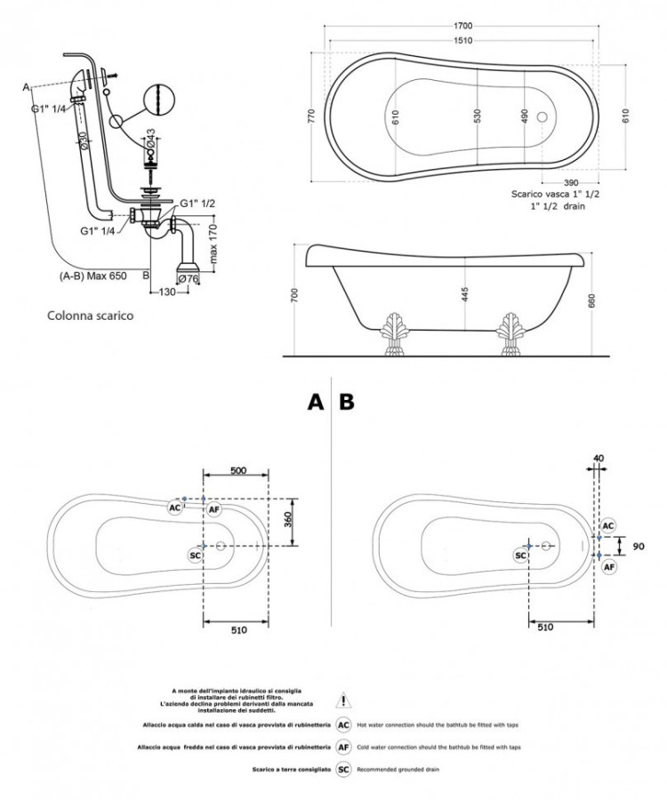 Акриловая ванна Kerasan Retro 170x77