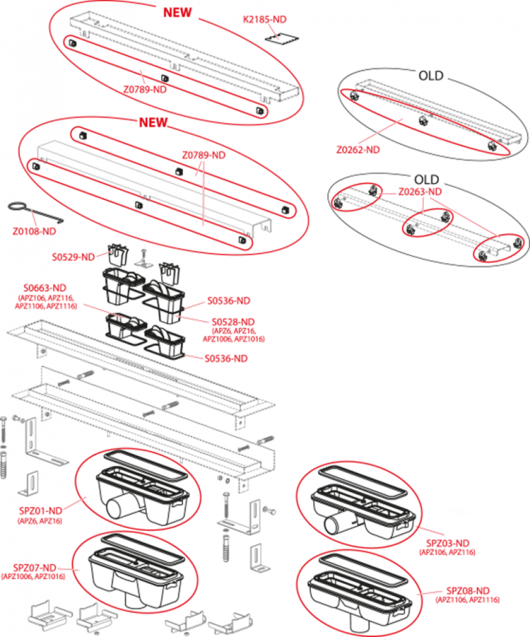 Водоотводящий желоб с порогами для цельной решетки и фиксированным воротником к стене, вертикальный сток Alcadrain APZ1116 Wall Low