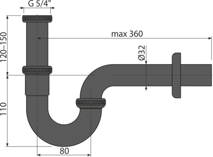 Сифон для умывальника DN32, U-форма с накидной гайкой 5/4