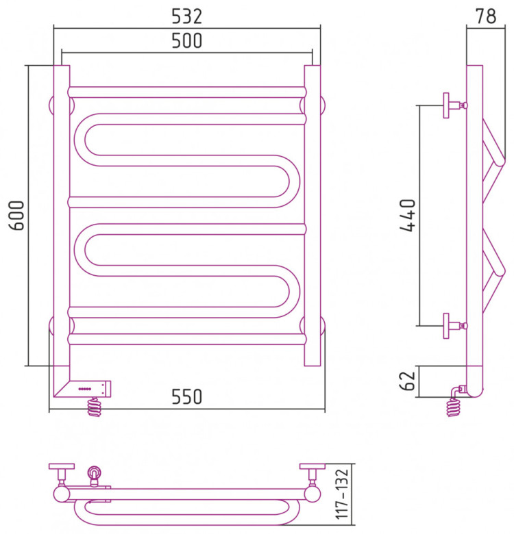 Полотенцесушитель электрический Сунержа Элегия 2.0 600х500 МЭМ левый Без покрытия