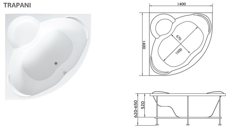 Ванна акриловая угловая 1Marka TRAPANI 140*140