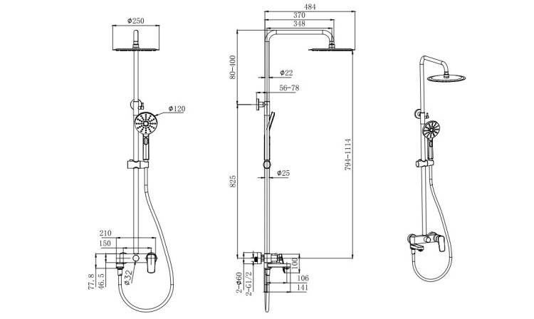 Душевая система 3jet 250мм Aquatek, матовый черный AQ2040MB