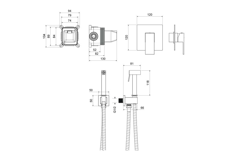 Набор с гигиеническим душем (смеситель + гигиеническая лейка + шланг + шланговое подсоединение с держателем) Aquatek, матовый черный AQ1619MB ЛИБРА
