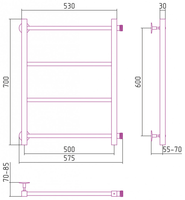 Полотенцесушитель водяной Стилье Версия-КБ 600х500 (4) П 20х20 Без покрытия