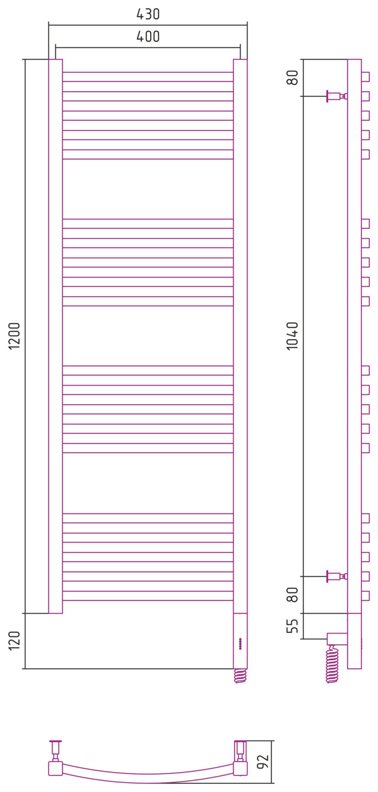 Полотенцесушитель электрический Сунержа Аркус 3.0 1200х400 МЭМ правый Без покрытия