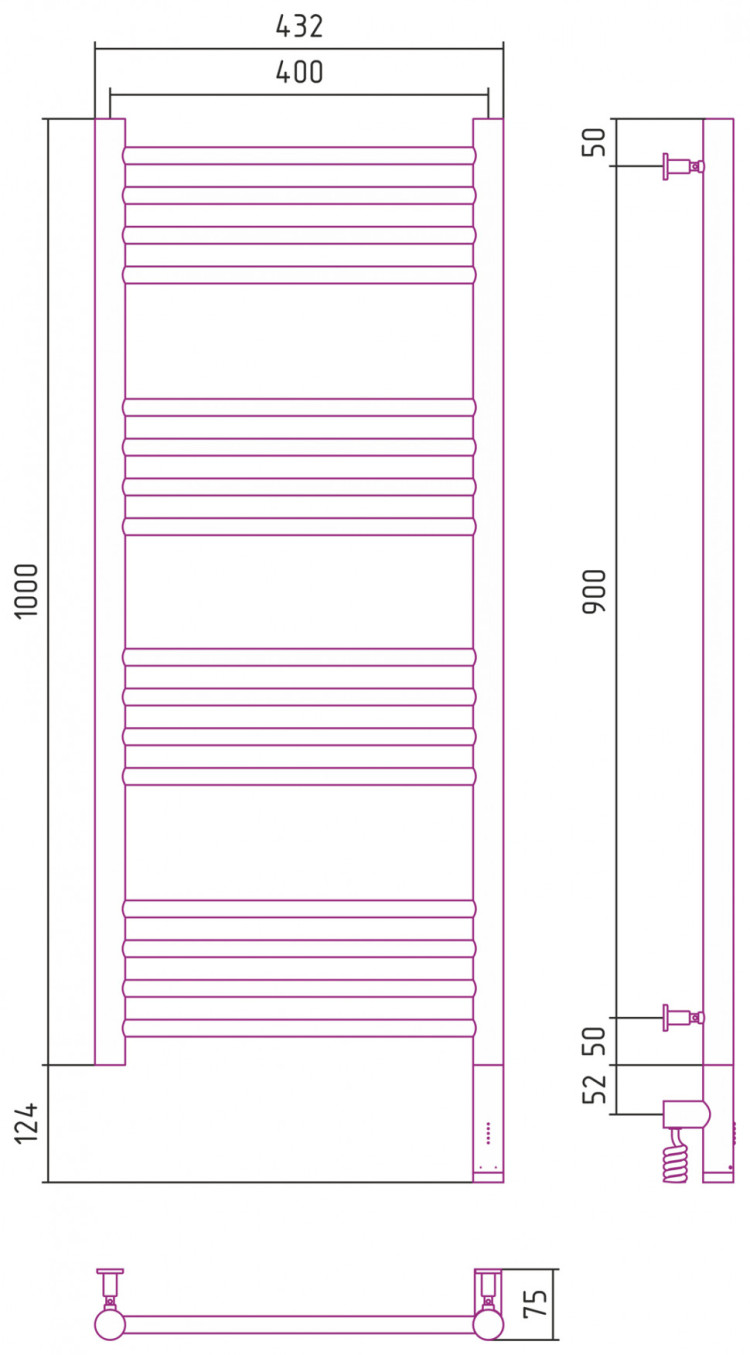 Полотенцесушитель электрический Сунержа Богема 3.0 прямая 1000х400 МЭМ правый Шампань