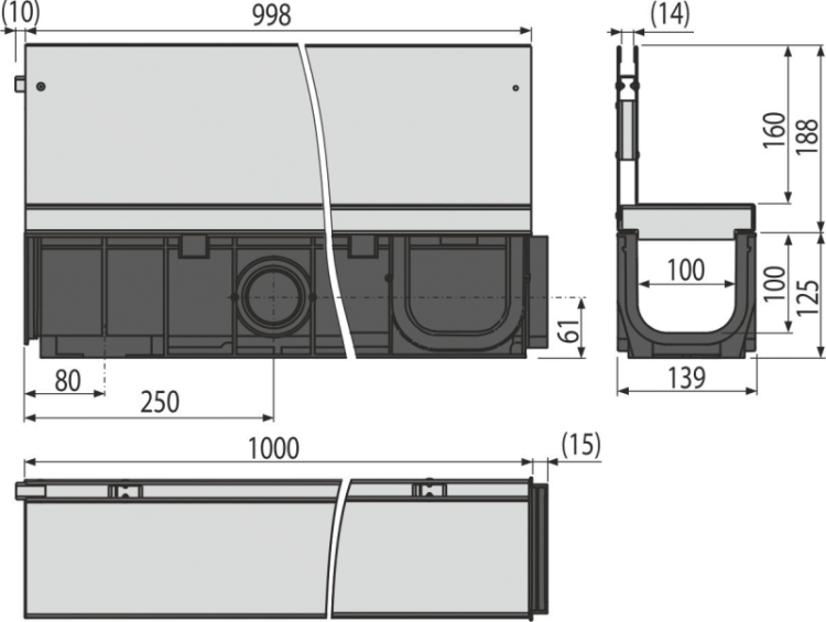 Щелевой дренажный канал с асимметричной надставкой 160 мм, нержавеющая сталь Alcadrain AVZ101-R322