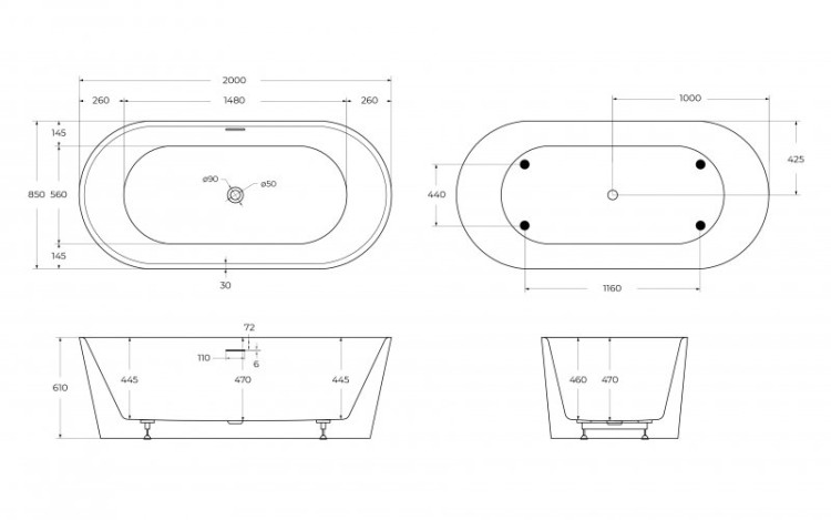 Отдельностоящая, овальная акриловая ванна в комплекте со сливом-переливом цвета хром Cezares BB416-2000-850