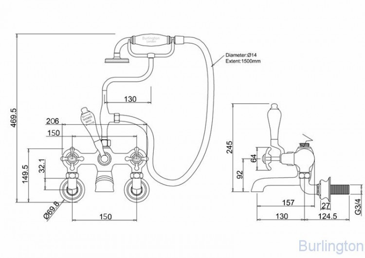 Смеситель для ванны с ручным душем, Regent, настенный [ANR17A BLA]