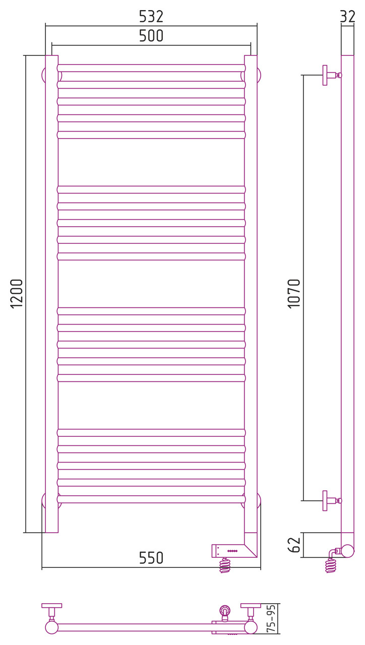 Полотенцесушитель электрический Сунержа Богема 2.0 прямая 1200х500 МЭМ правый Без покрытия