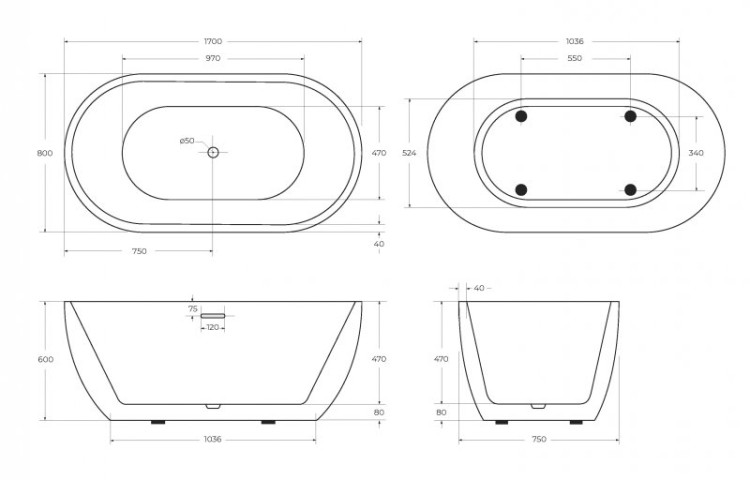 Отдельностоящая овальная акриловая ванна в комплекте со сливом-переливом цвета хром BelBagno BB70-1700-800