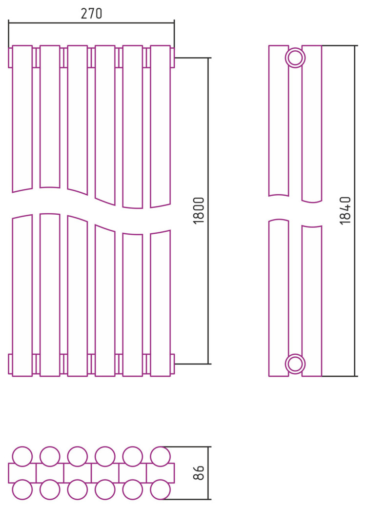 Отопительный радиатор Сунержа Эстет-11 1800х270 6 секций Матовый чёрный