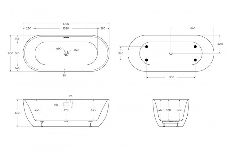Отдельностоящая, овальная акриловая ванна в комплекте со сливом-переливом цвета хром Cezares BB417-1900-800