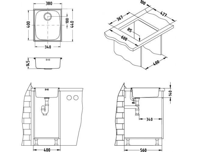 Мойка BASIC 10 NAT-90 380X440 в комплекте с сифоном 1130550,